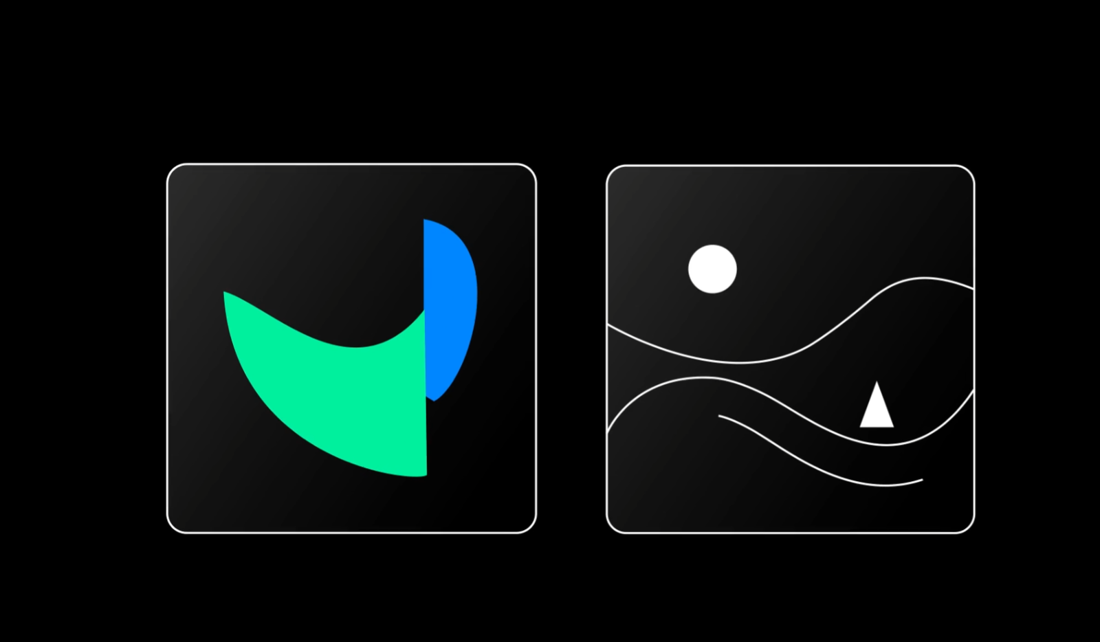 Two minimalist graphic icons on a black background: the left shows abstract green and blue shapes forming a modern logo, the right depicts a stylized landscape with waves, sun, and triangle.