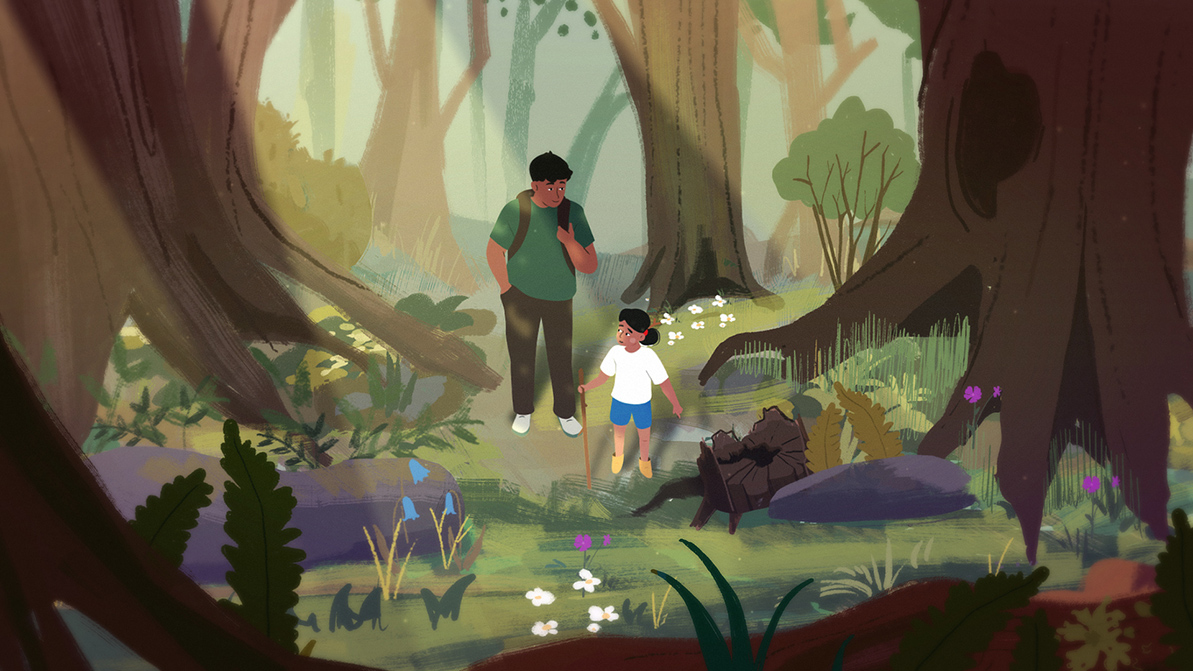 Illustration of a child and adult walking together through a vibrant forest, surrounded by tall trees, wildflowers, and lush greenery, capturing a peaceful moment in nature
