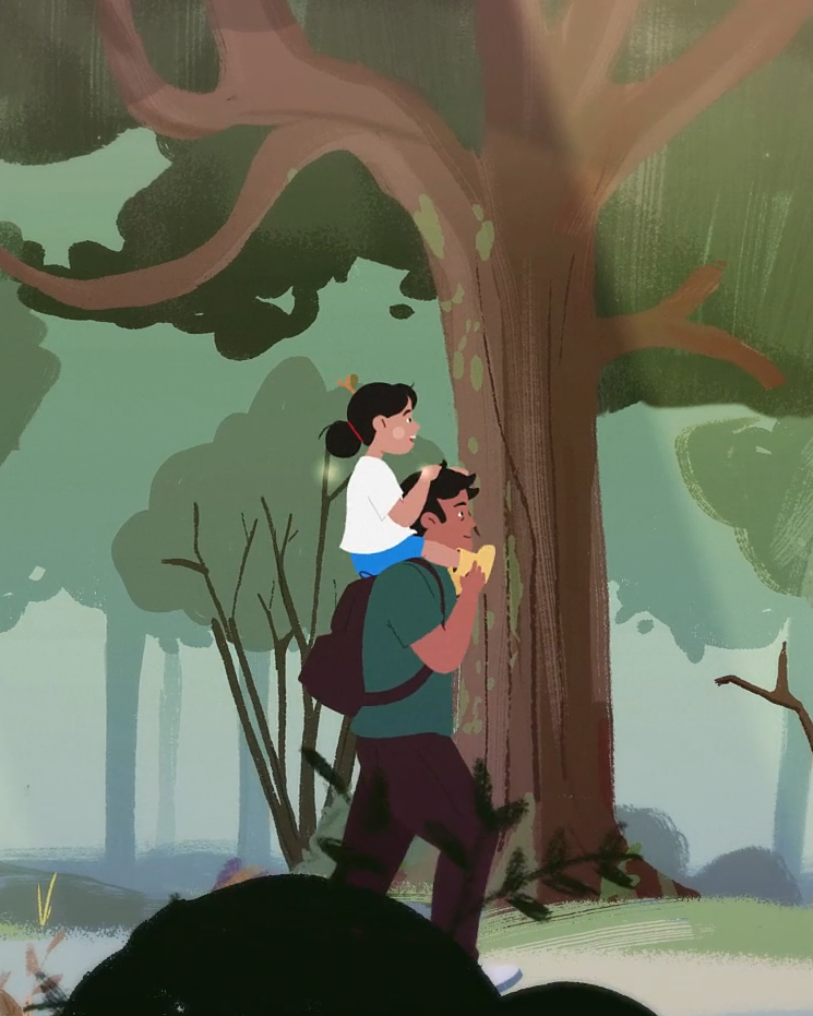 Illustration of a father carrying his daughter on his shoulders as they walk through a lush green forest, surrounded by tall trees and soft beams of sunlight.