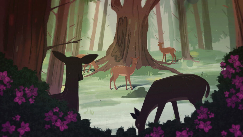 Illustration of a peaceful forest clearing with several deer grazing and walking among tall trees, framed by vibrant purple flowers in the foreground.