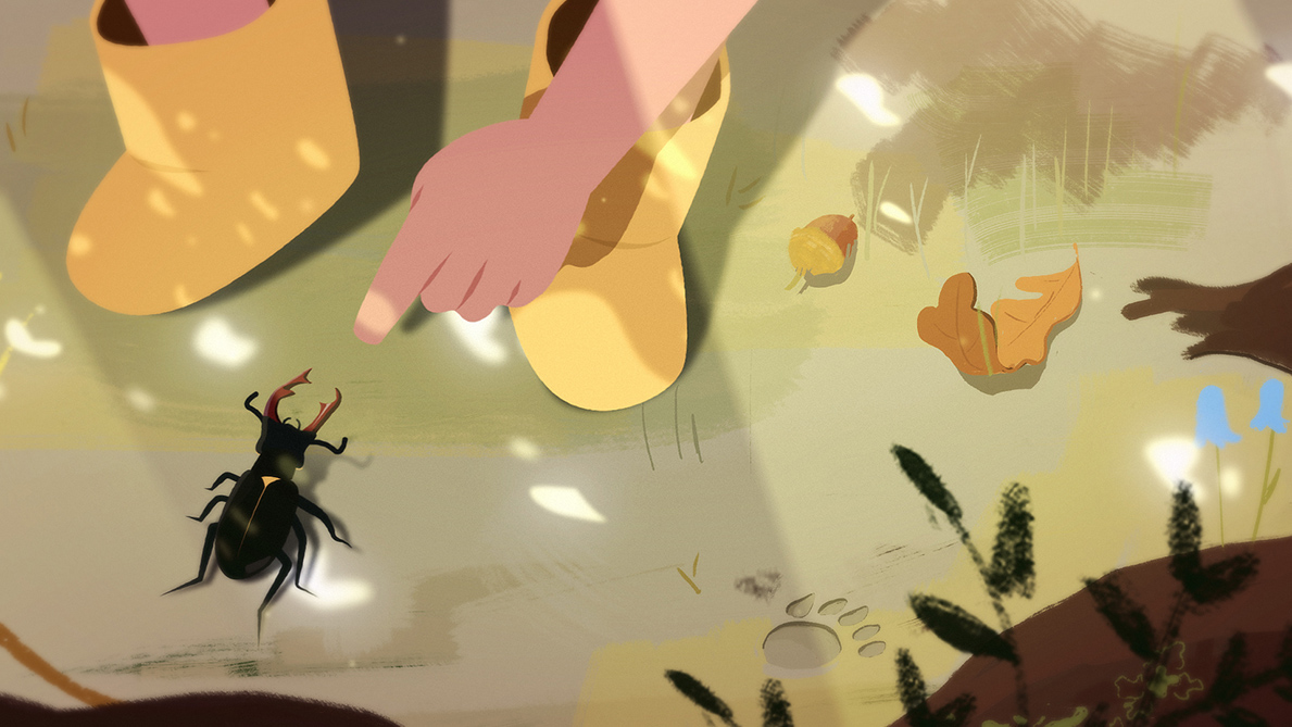 Illustration of a child in yellow boots pointing at a stag beetle on a forest floor, surrounded by leaves, acorns, flowers, and animal tracks in soft sunlight.