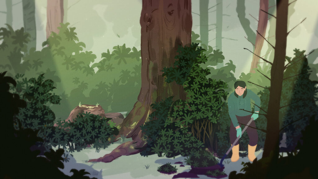 Illustration of a woman digging in a dense forest clearing, surrounded by large trees, thick green foliage, and soft sunlight filtering through the canopy.