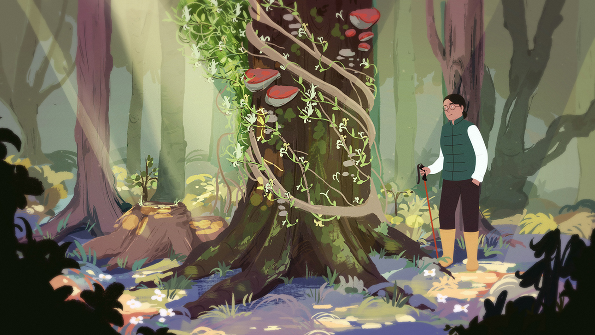 Illustration of a woman walking through a forest, pausing to admire a large tree wrapped in vines and mushrooms, surrounded by sunlit foliage and wildflowers.