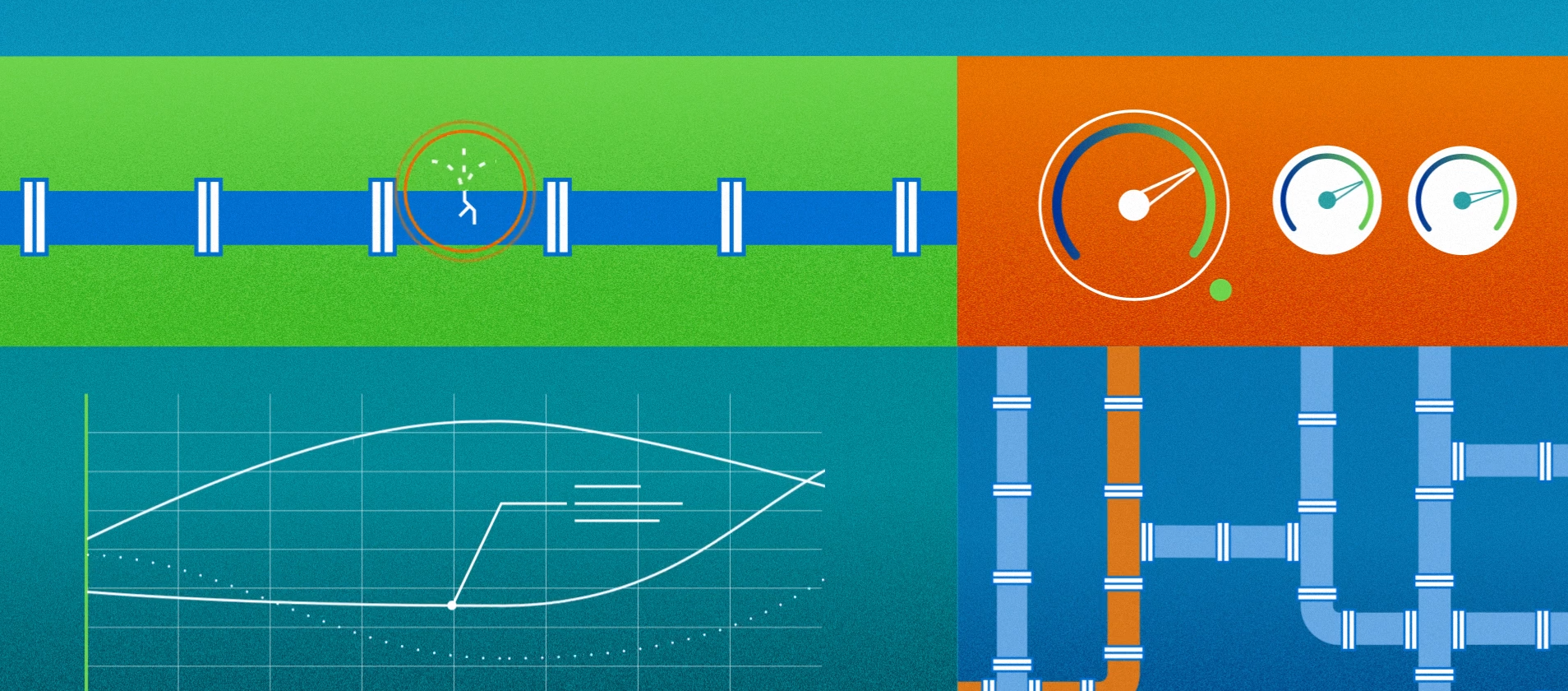Illustration of a smart water infrastructure system showing a pipe leak detection, performance gauges, data charts, and interconnected pipelines for monitoring flow and pressure in real time.