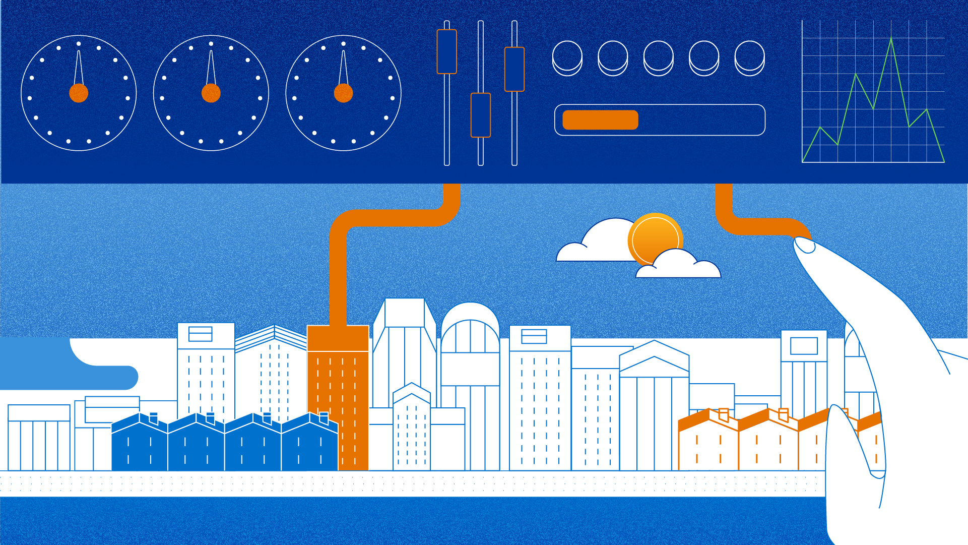 Illustration of a hand interacting with a smart city water system interface, featuring gauges, sliders, graphs, and pipelines connected to various buildings under a bright sky.