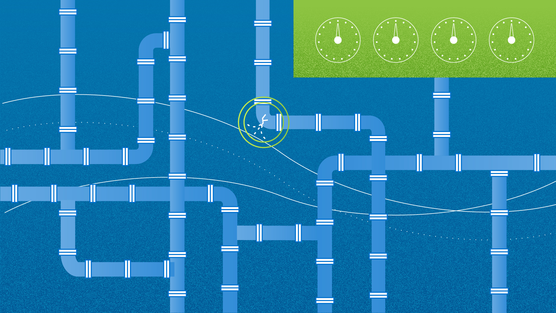 Illustration of an underground water pipe network with a leak highlighted in a yellow circle, showing smart monitoring with gauges above for real-time detection and infrastructure diagnostics.