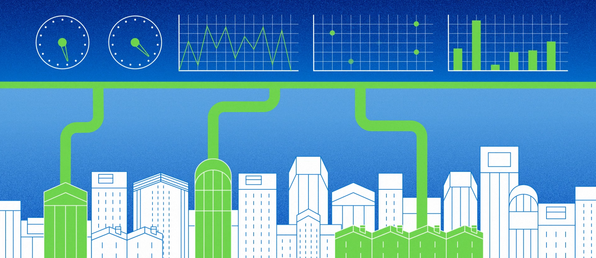 Digital illustration of a smart city water system, with green pipelines connecting buildings to performance dashboards, gauges, and graphs, representing real-time monitoring and data-driven infrastructure management.