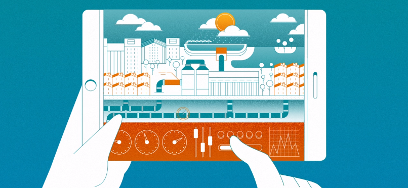 Illustration of a smart city water management system displayed on a tablet, showing infrastructure, pipelines, and data analytics being monitored and controlled through a digital interface.