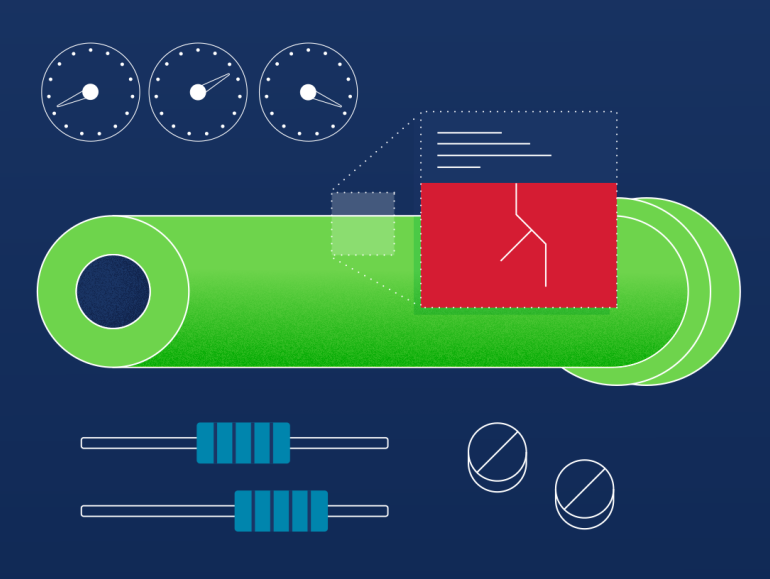 Illustration of a green pipeline with monitoring gauges, resistors, valves, and a red diagnostic overlay showing a branch diagram, representing smart infrastructure and real-time system analysis.