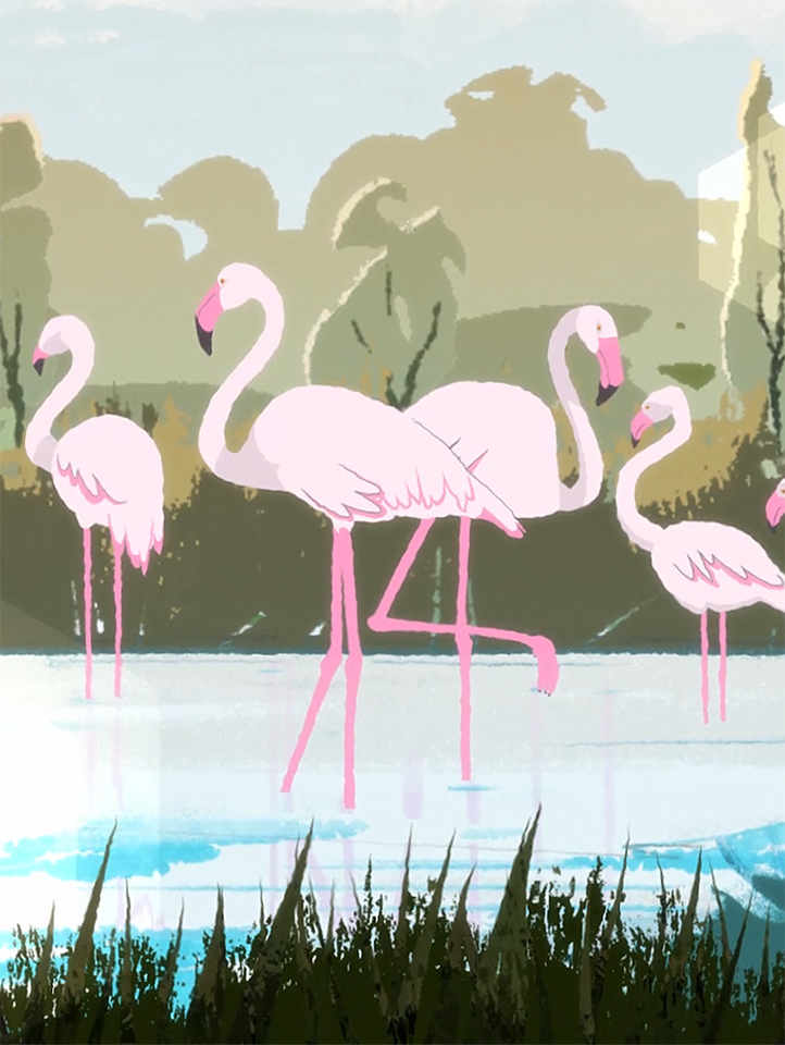 Hand-painted animation still – pink flamingos wading in wetland scene for Mava Foundation legacy film