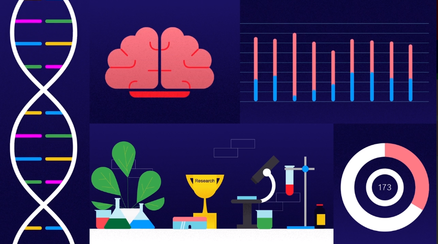 DNA strand, brain, graphs, and lab equipment illustrate scientific research and data analysis visuals.