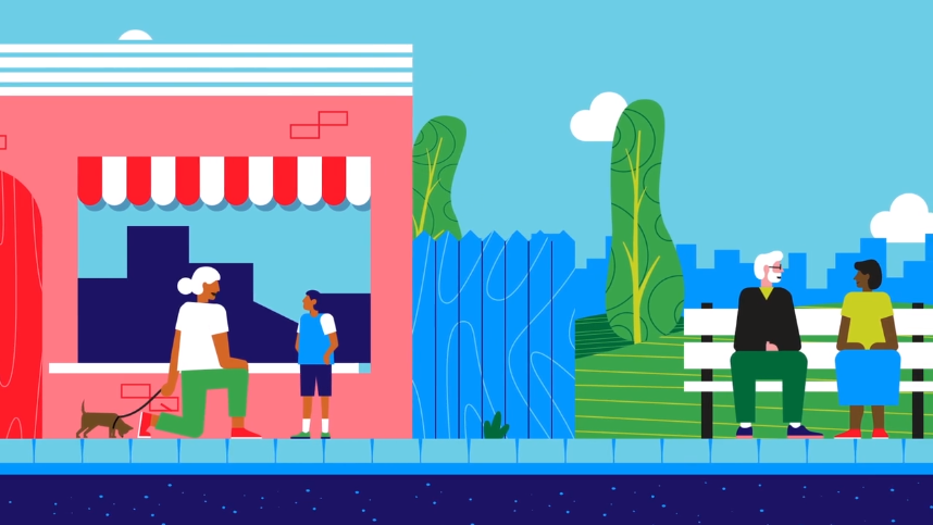 People chatting outside a shop, walking dogs, and resting on benches in a park scene.
