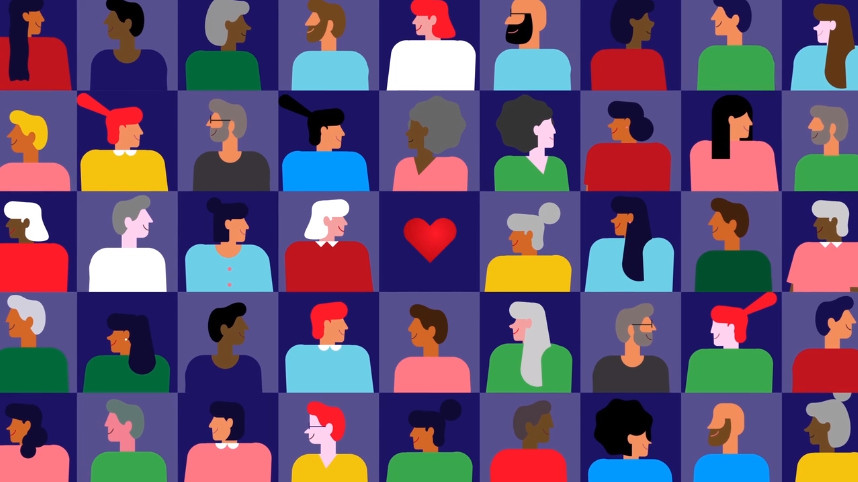 Colourful grid of diverse illustrated faces with a red heart in the centre symbolizing community.