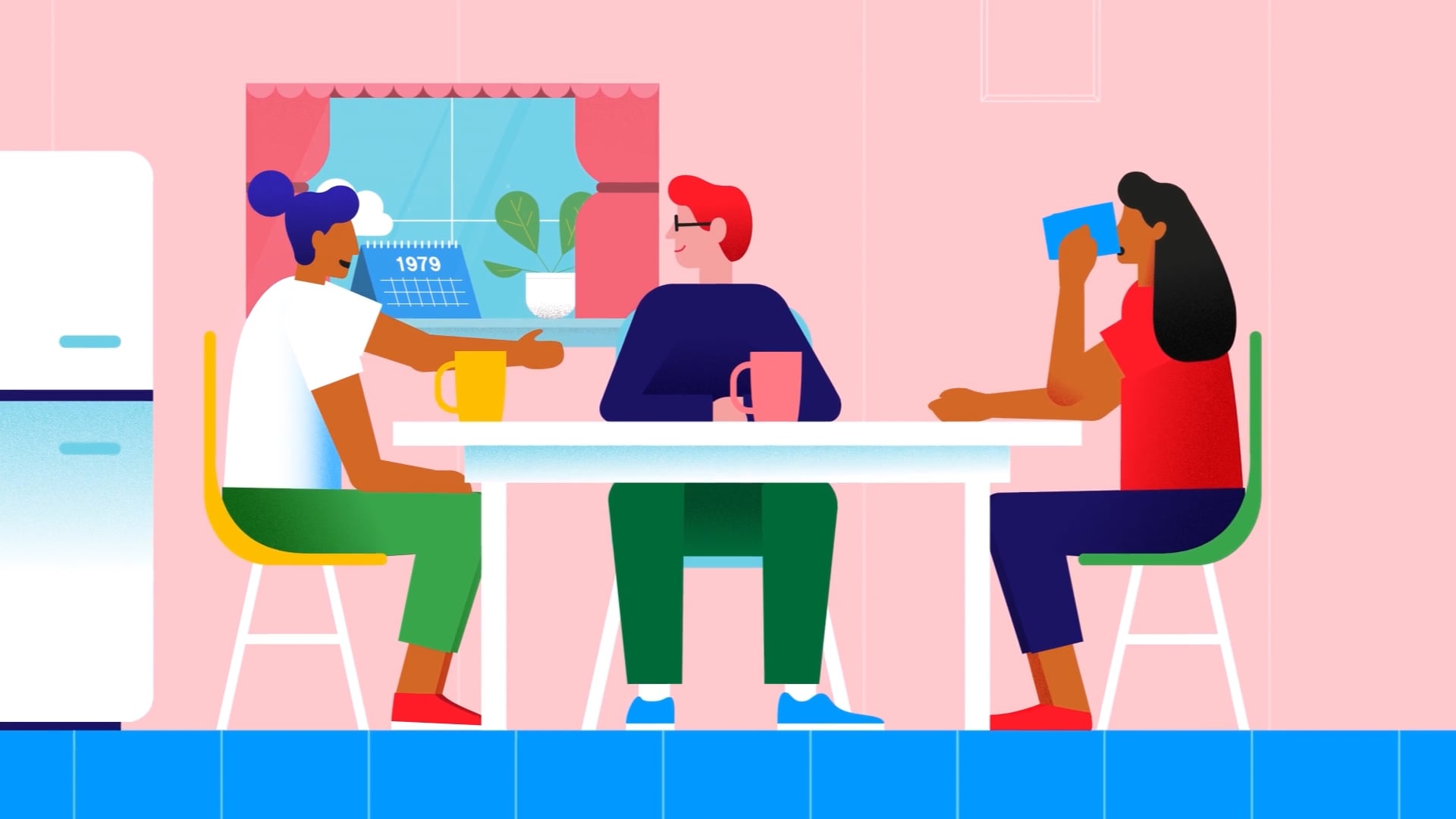 Illustration of three people sit around a kitchen table drinking coffee, with a 1979 calendar behind them.