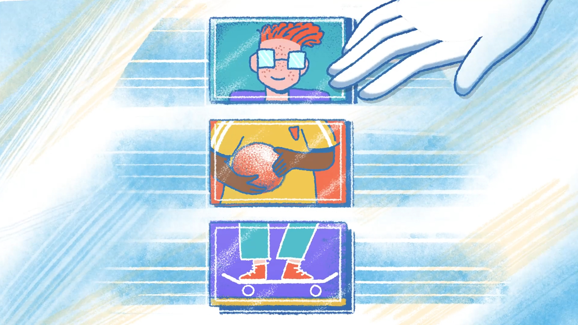 A large hand selects from three cards showing a boy’s portrait, someone holding a ball, and feet on a skateboard.