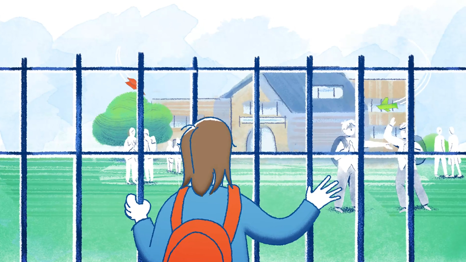 Illustration of a girl with a backpack stands at a fence looking at children playing on a school field beyond.
