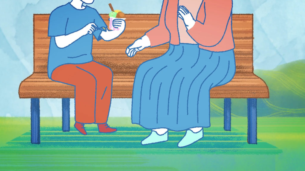 Illustration of a child shares ice cream with a woman while they sit together on a wooden park bench.