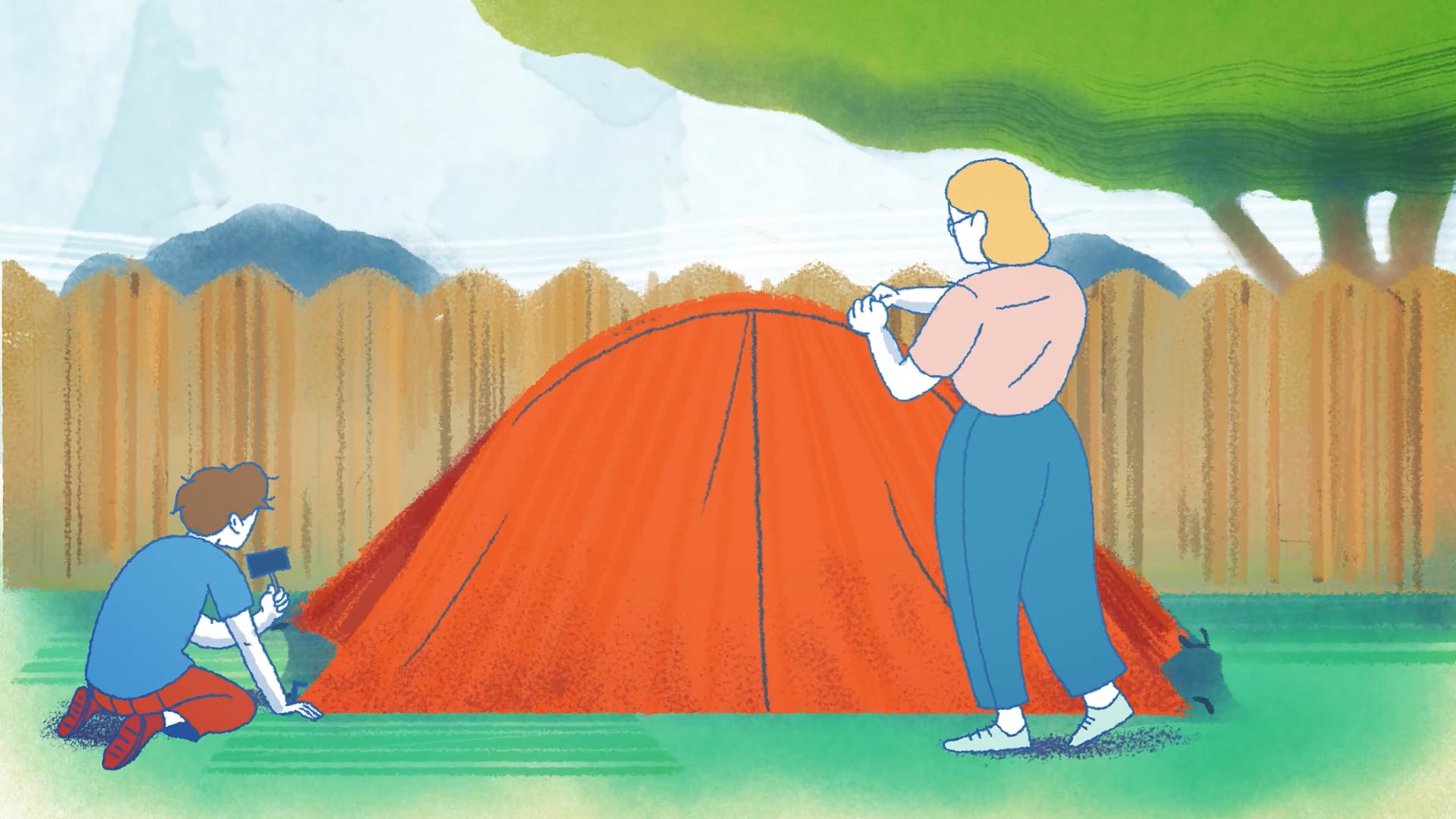 Illustration of a child hammers a tent peg while a woman tightens ropes on an orange tent in a backyard.