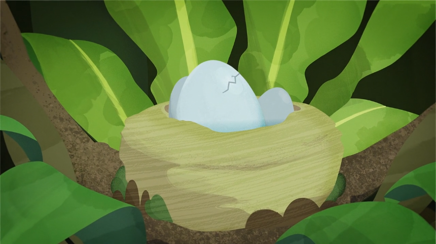 A cracked egg sits in a nest surrounded by green leaves, showing early signs of hatching life.