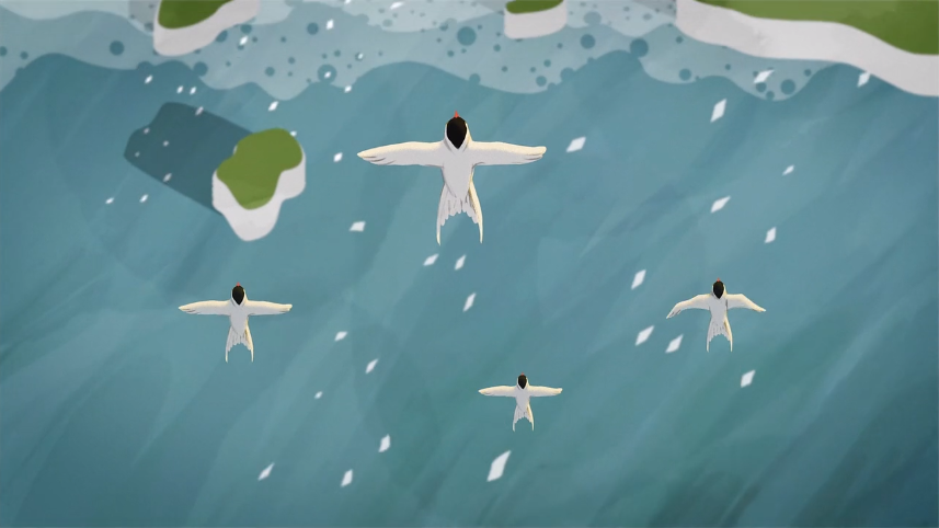 Five white seabirds with black caps soar above blue ocean waters, scattered with islands and waves.