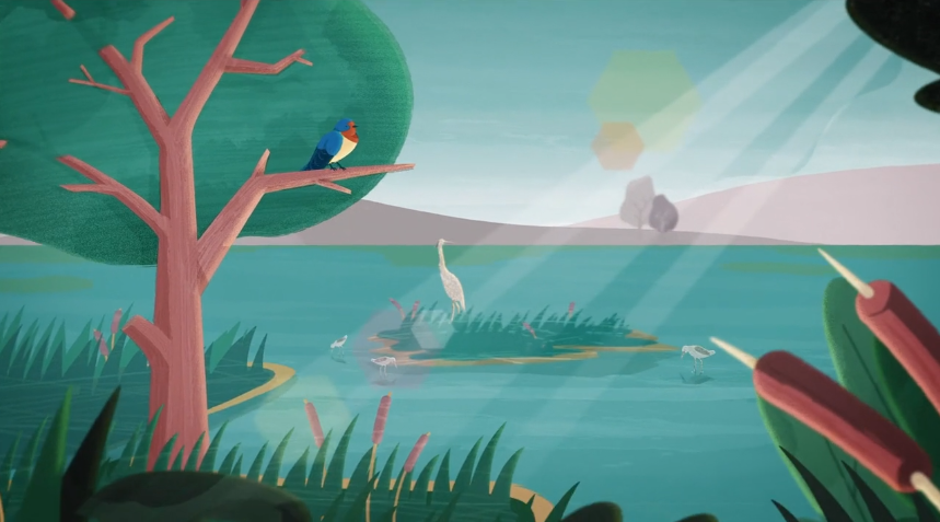 Colorful birds perch and wade in a sunlit wetland scene, surrounded by reeds, trees, and calm water.