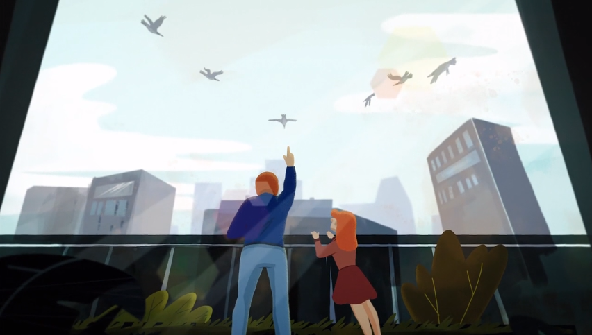 Adult and child observe birds flying above city skyline from balcony, highlighting urban nature connection.