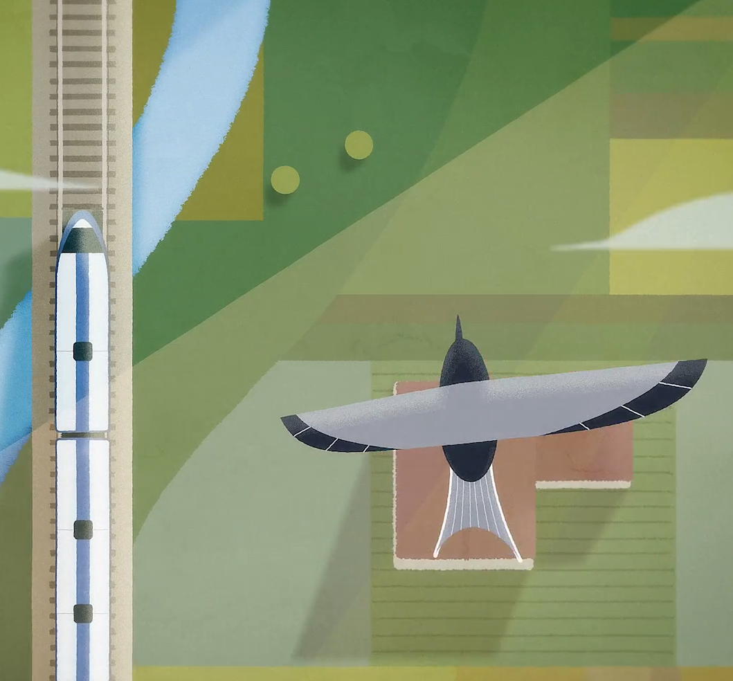 Aerial view of a bird soaring over a patchwork landscape beside a high-speed train traveling along parallel railway tracks.
