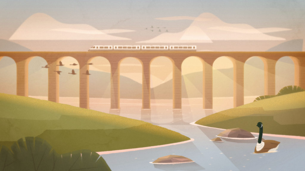 Illustration of a scenic viaduct with a train crossing above a river, birds flying through arches, and a goose floating on the water, set against a mountainous backdrop.