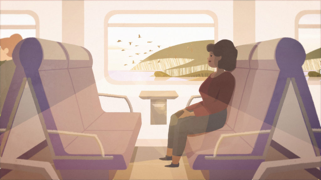Illustration of a woman sitting alone on a train, gazing out the window at birds flying over a scenic countryside with rolling hills and a river.