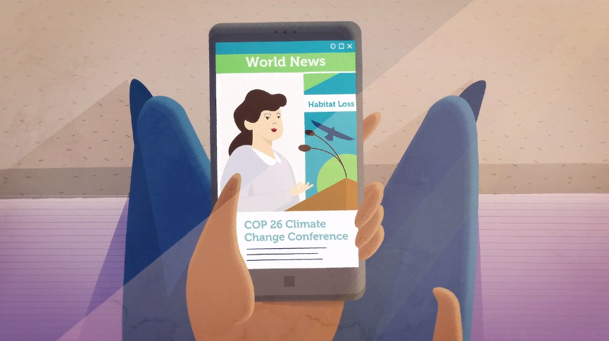 Person reading a news article on a smartphone about the COP 26 Climate Change Conference, featuring a woman speaker discussing habitat loss, with bird imagery in the background.