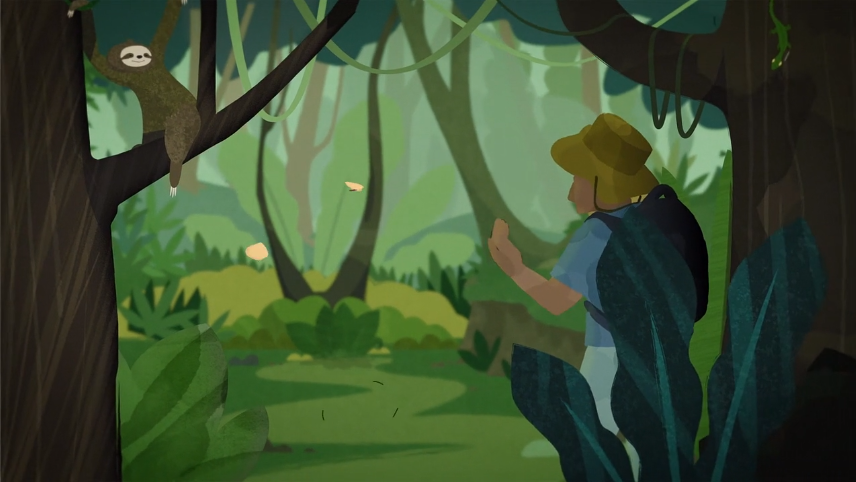 Explorer wearing a hat and backpack observes a sloth hanging from a tree in a lush rainforest.