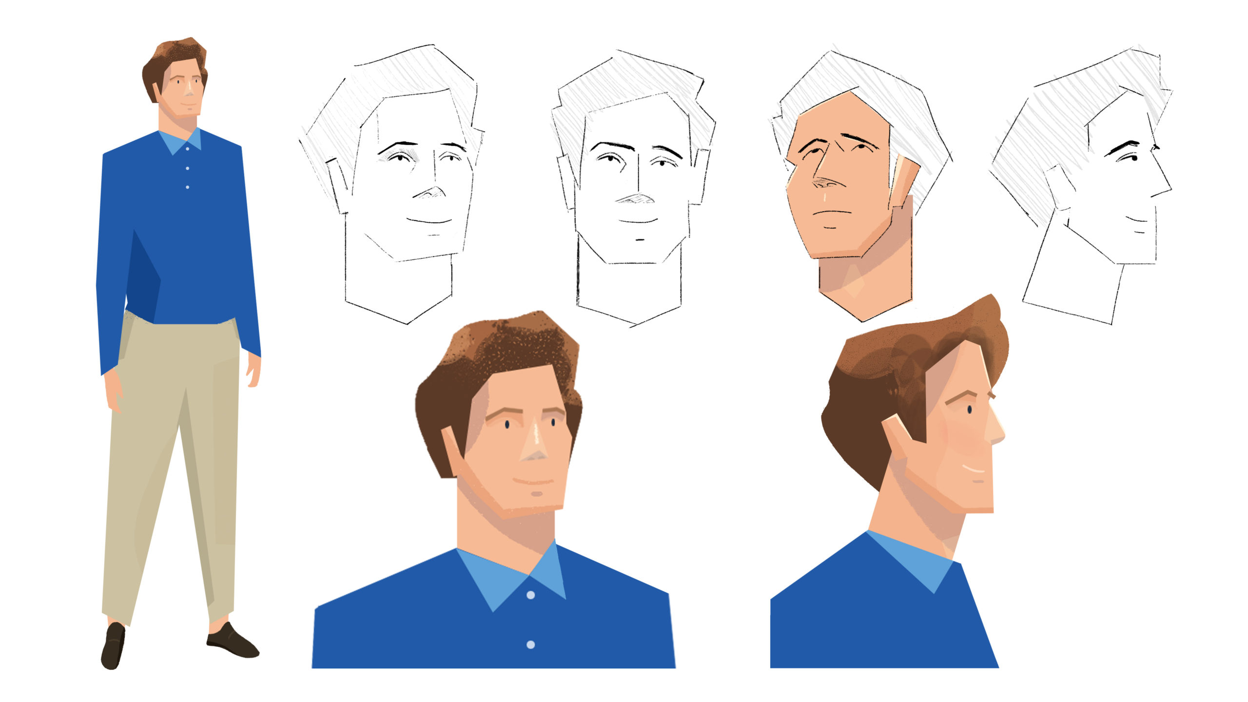 Character design sheet showing a man in a blue shirt, with multiple head angles and sketch outlines illustrating the facial structure, expression, and styling process for animation or illustration.