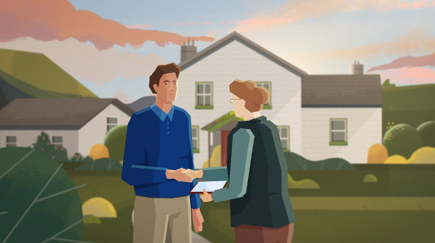 Two people shake hands outside a white house, set in a scenic countryside with green hills and a colorful sunset sky in the background.