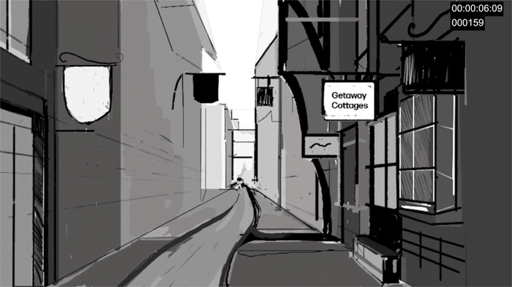 Animated sketch of a narrow street lined with buildings, featuring a "Getaway Cottages" sign, as the camera smoothly moves forward through the alleyway.