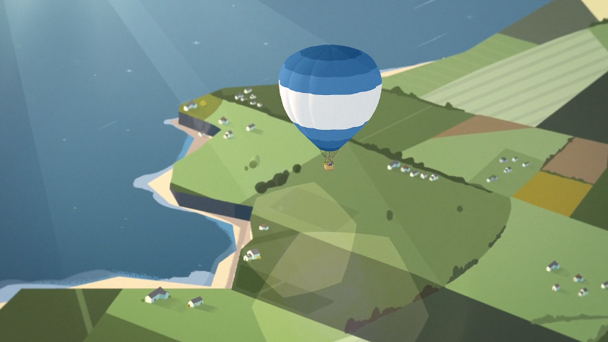 Illustration of a blue and white hot air balloon floating over a coastal countryside with green fields, scattered houses, and the ocean in the background.