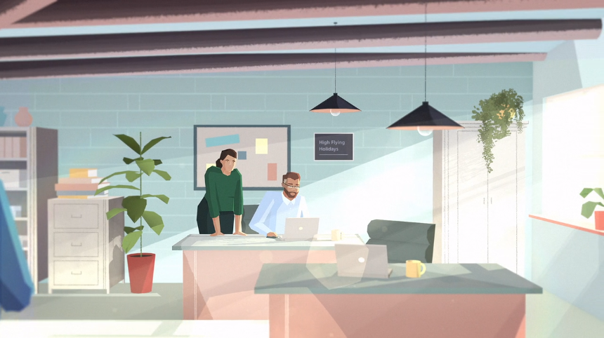 Two people collaborate at a desk in a bright, modern office with natural light, indoor plants, and a sign reading “High Flying Holidays” on the wall.