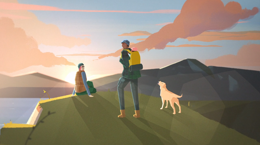 A man, woman, and dog enjoy a scenic hilltop view at sunset, surrounded by rolling mountains and a calm lake below.