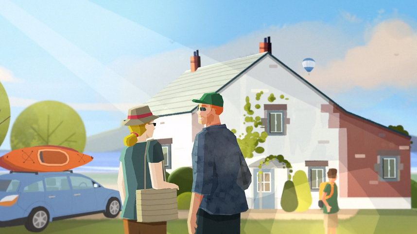 Illustration of a man and woman chatting outside a white cottage with a kayak-topped car nearby, a hiker in the background, and a hot air balloon in the sky.