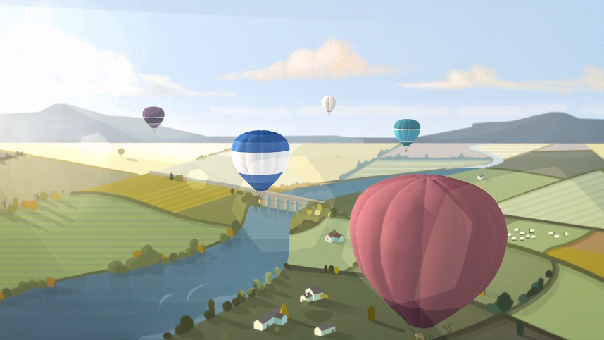 Colorful hot air balloons float over a scenic countryside with rivers, hills, farmland, and scattered houses under a soft blue sky.