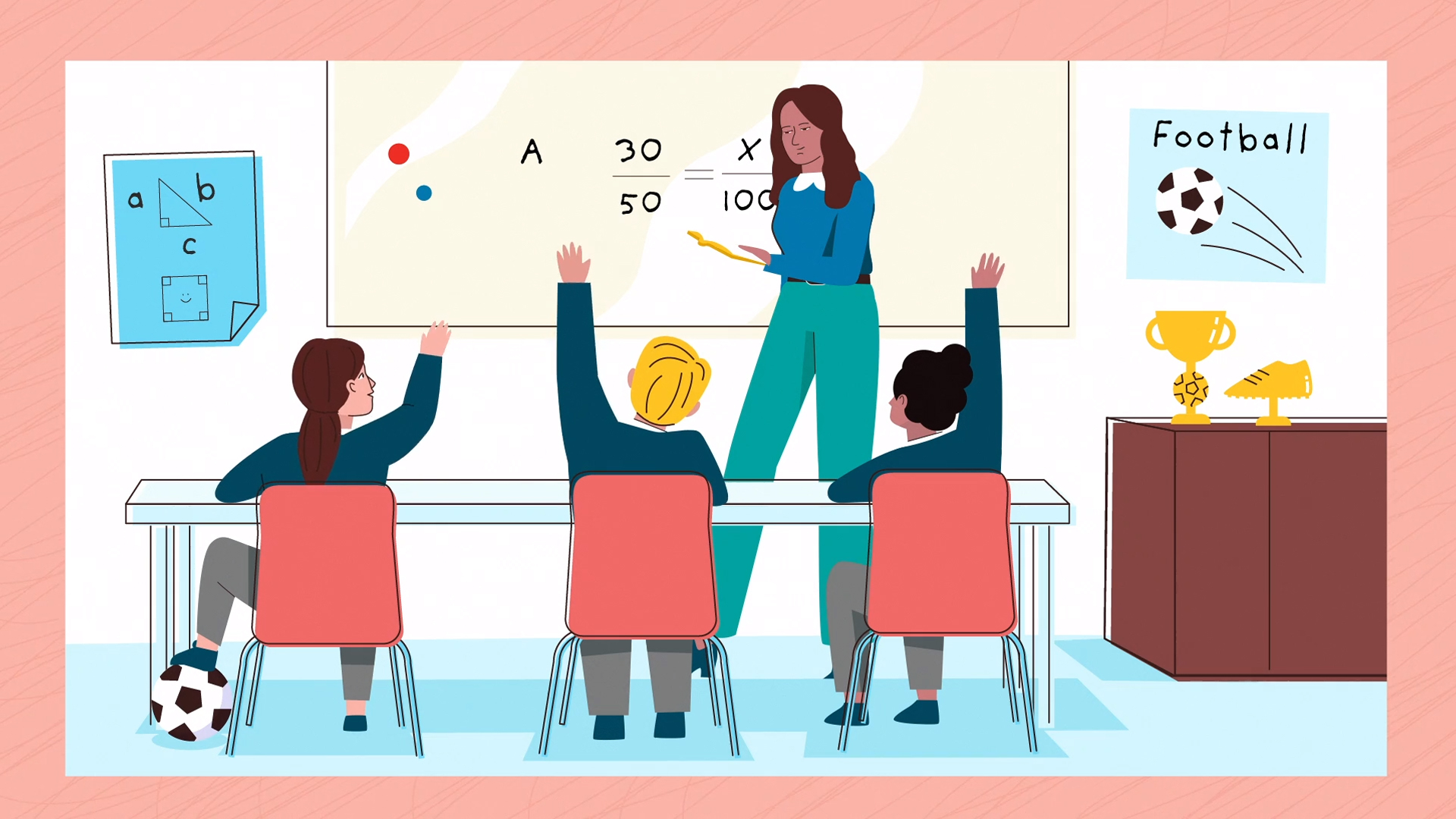 Illustration of a teacher leading a math lesson with three students raising their hands, set in a classroom decorated with football posters and trophies.