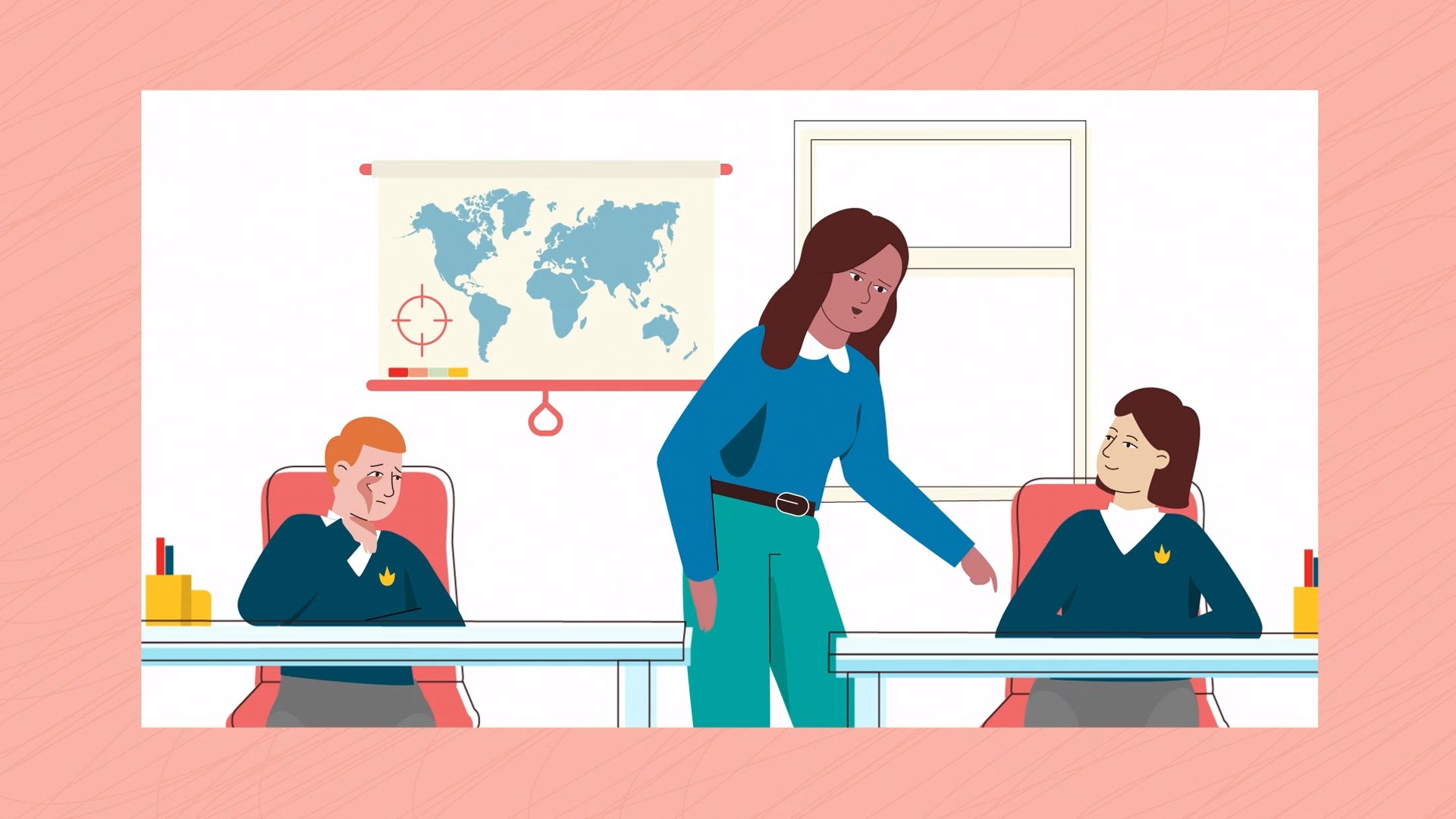 A teacher interacts with a smiling student while another student looks upset, highlighting potential classroom bias and unequal attention among children in a school setting