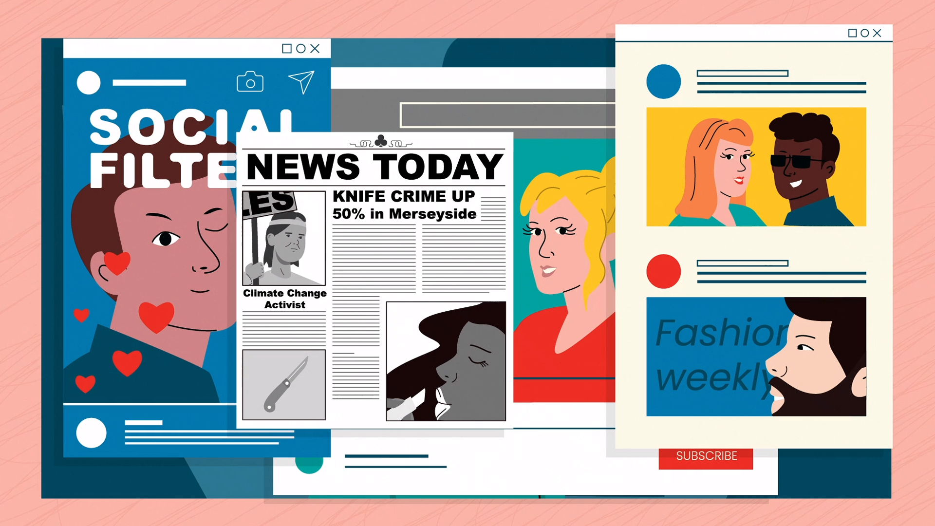 Collage of news articles and social media posts on a desktop screen, showing headlines, filtered photos, and fashion updates, highlighting media influence and unconscious bias in modern society.