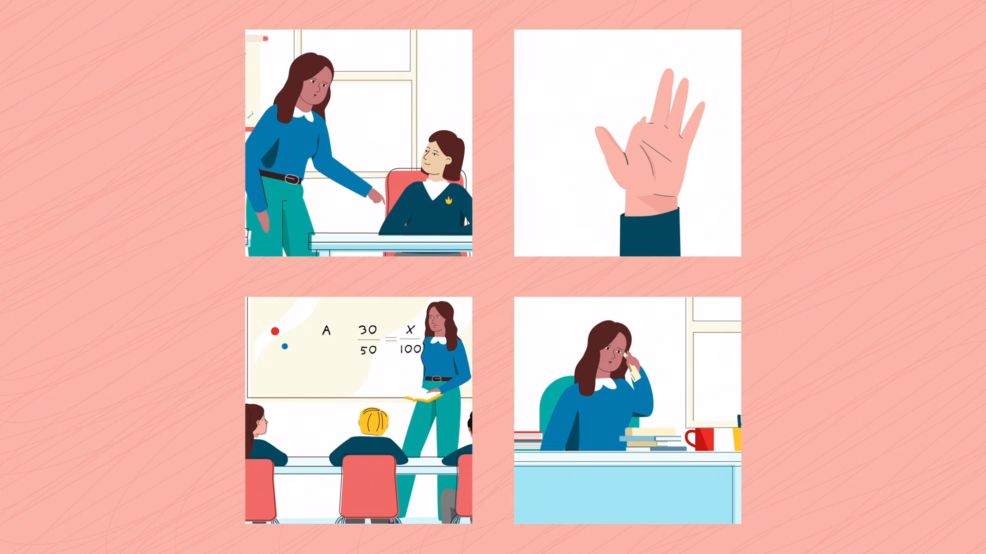 Four-panel illustration showing a teacher interacting with students, a raised hand, a classroom math lesson, and the teacher appearing stressed at her desk, highlighting school dynamics and unconscious bias.