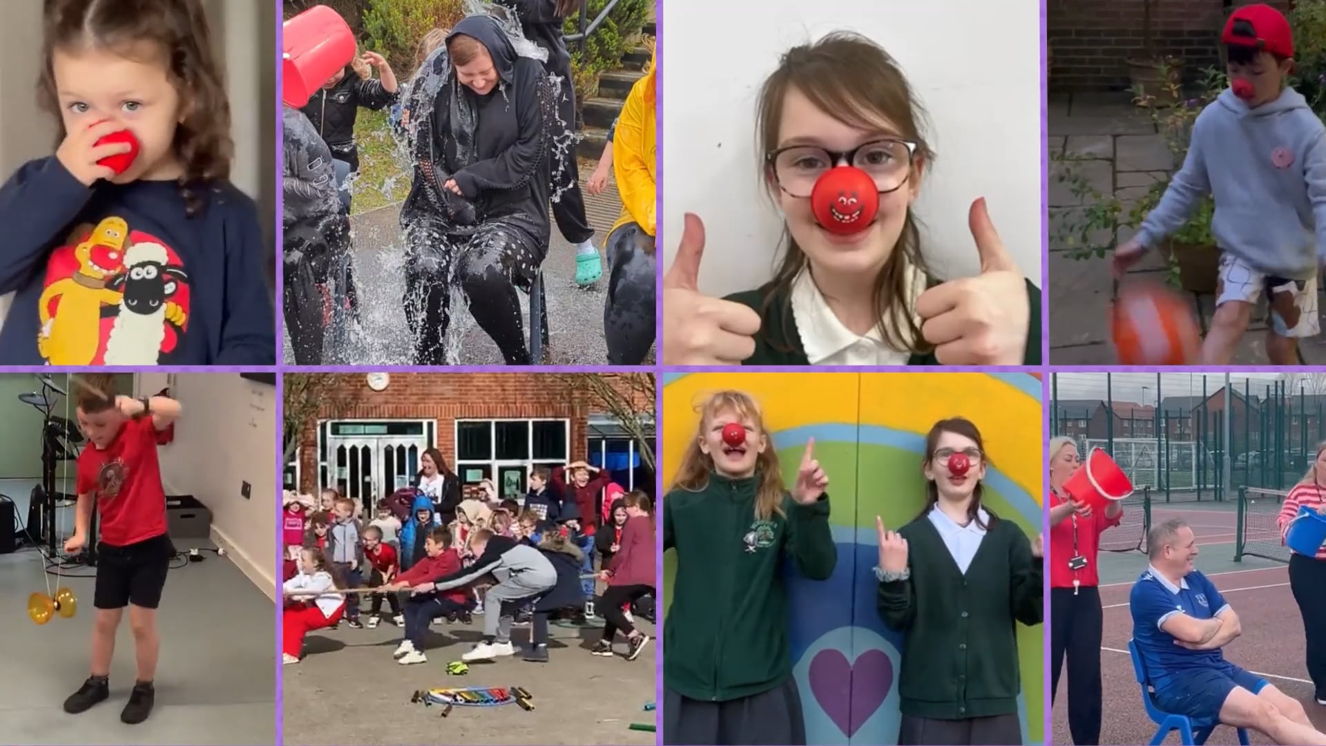 An photo of a collage showing children and adults taking part in Red Nose Day activities, including water challenges, sports, and wearing red noses.