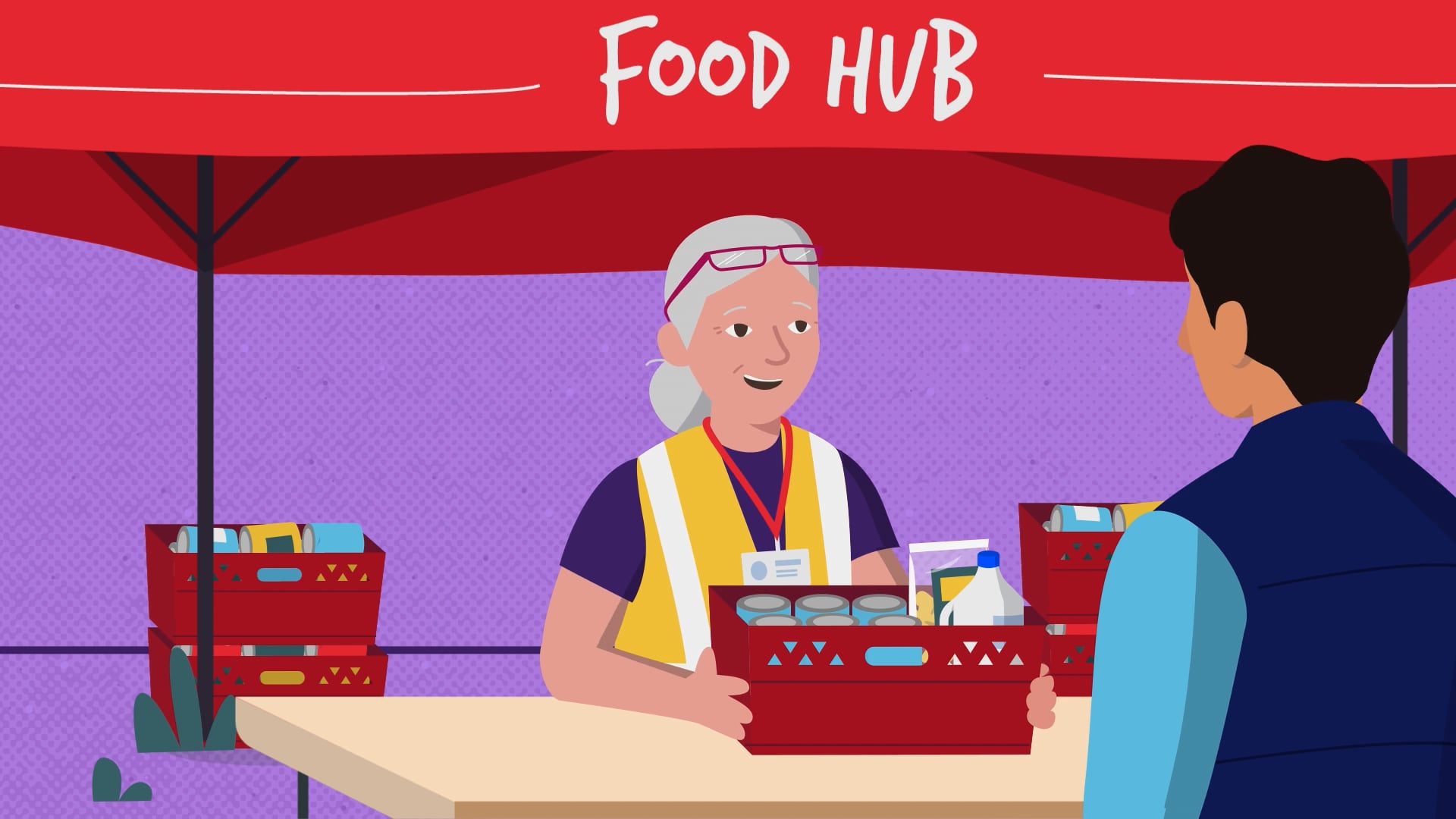 An illustration of an elderly volunteer in a yellow vest serving a man at a food hub stand, with crates of food and a red canopy above.