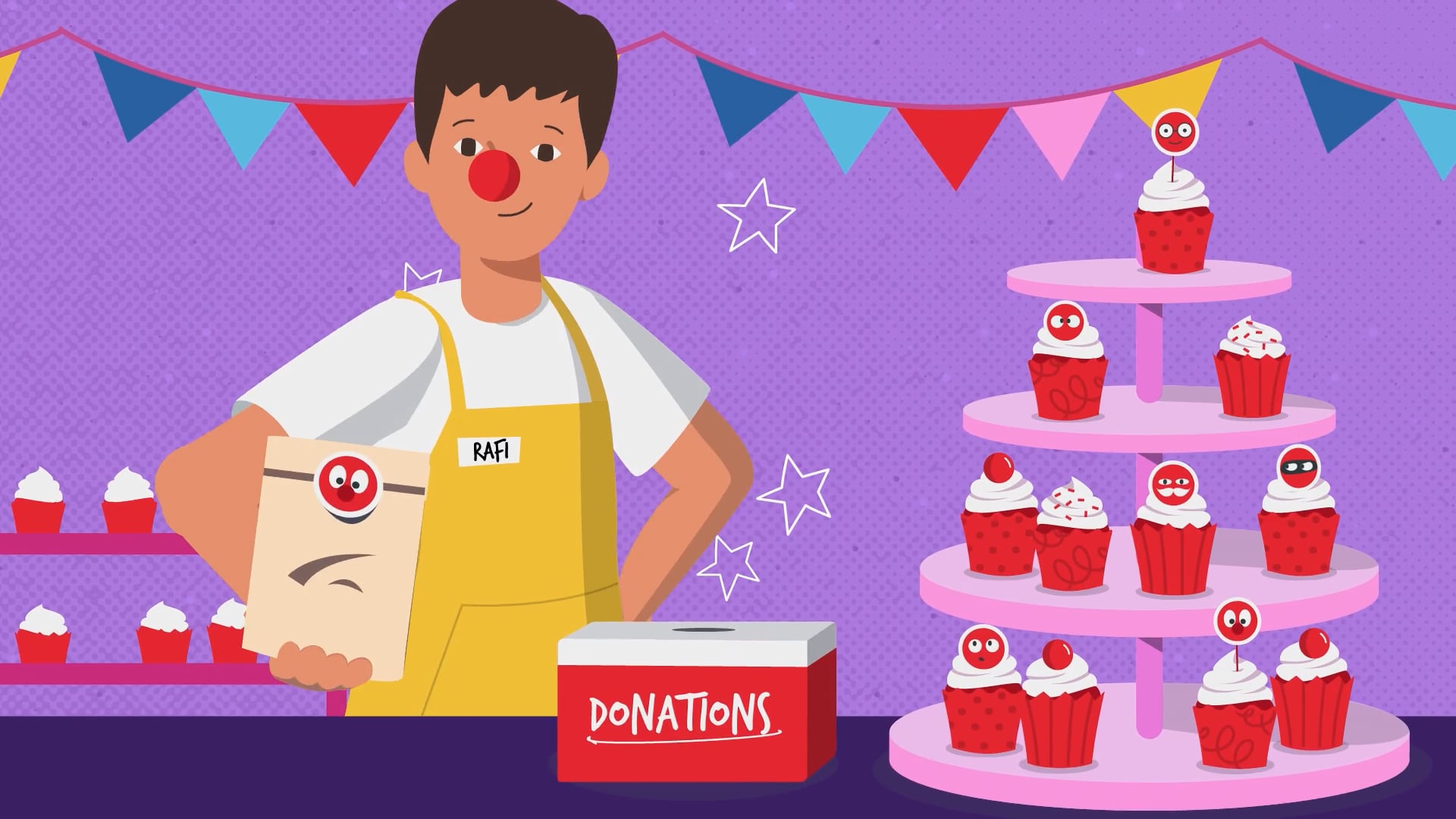 An illustration of a boy named Rafi at a cupcake fundraising stall, wearing a red nose and yellow apron, standing beside a donation box.