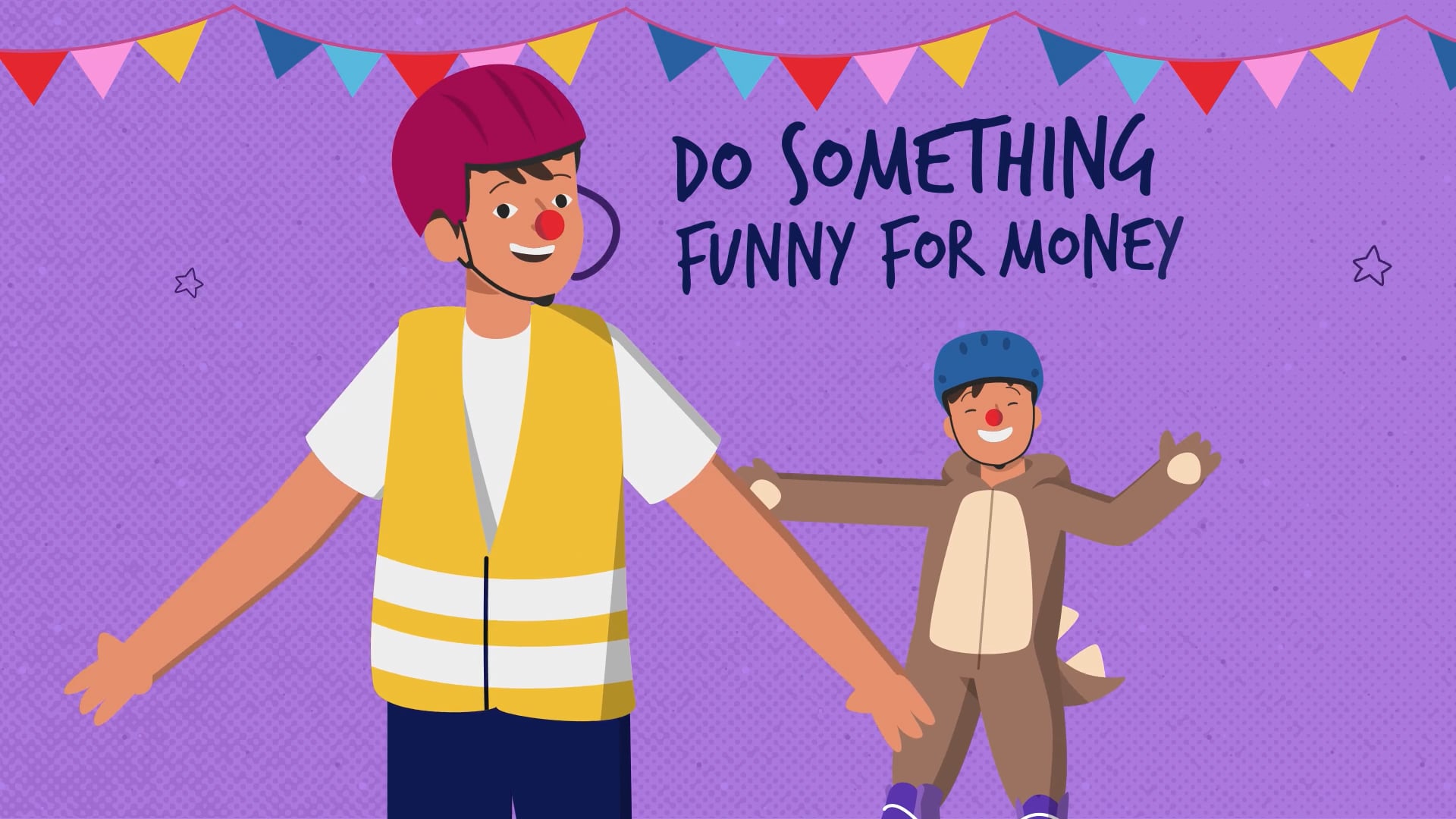 An illustration of two children in Red Nose Day outfits, one in a dinosaur costume and the other in a safety vest and helmet, with bunting above and the text "Do something funny for money."