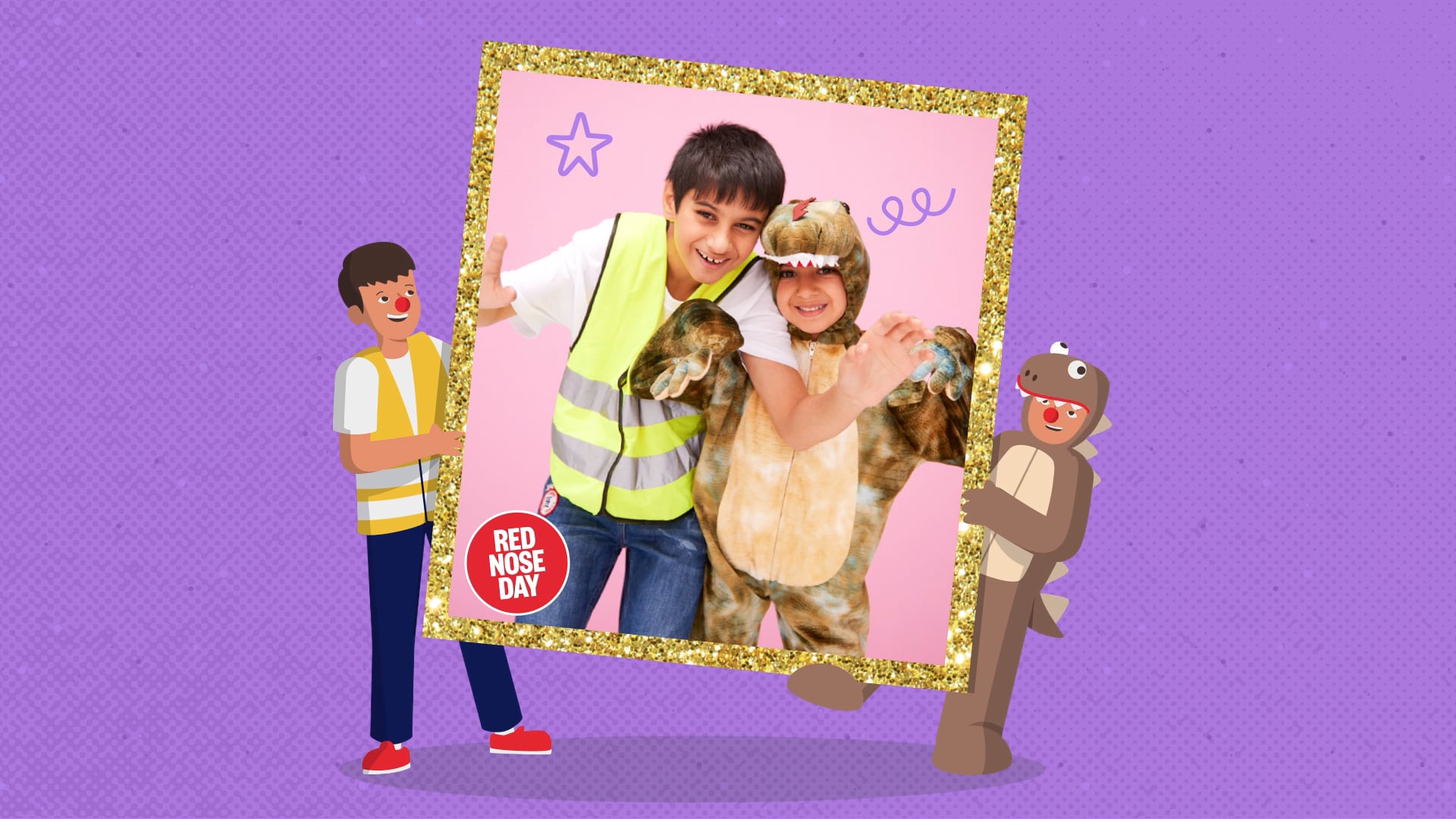 An illustration of two smiling children in a gold photo frame for Red Nose Day, one in a hi-vis vest and the other in a dinosaur costume, held by cartoon characters on a purple background.