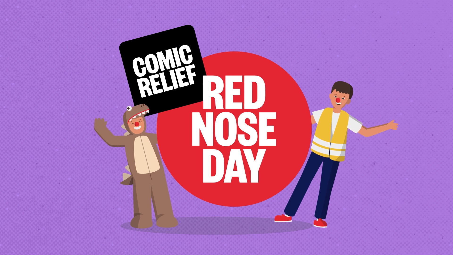 An illustration of two smiling children in a gold photo frame for Red Nose Day, one in a hi-vis vest and the other in a dinosaur costume, held by cartoon characters on a purple background.