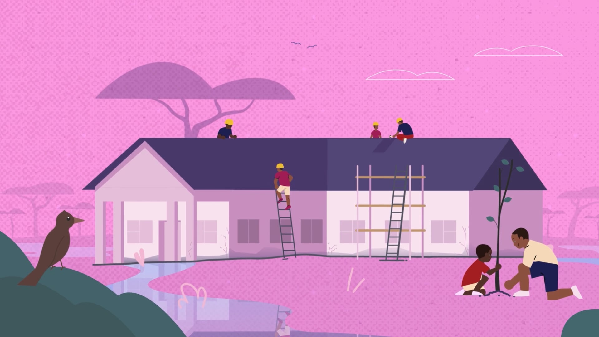 An illustration of people building a house roof while a child and adult plant a tree nearby, against a pink landscape with trees and a bird.